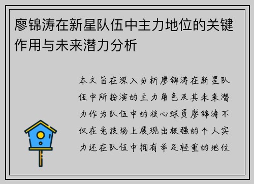 廖锦涛在新星队伍中主力地位的关键作用与未来潜力分析